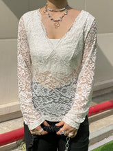 V Neck Long Sleeve Sheer Lace Blouse