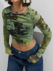 Ruched Long Sleeve Printed Crop Top