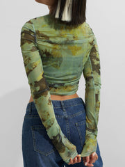 Ruched Long Sleeve Printed Crop Top