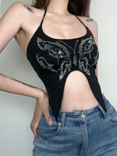 Rhinestone Butterfly Halter Asymmetric Crop Cami Top