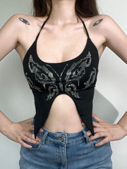 Rhinestone Butterfly Halter Asymmetric Crop Cami Top