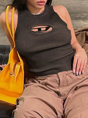 Hollow Out Logo Ribbed Knit Cropped Tank Top