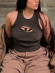 Hollow Out Logo Ribbed Knit Cropped Tank Top