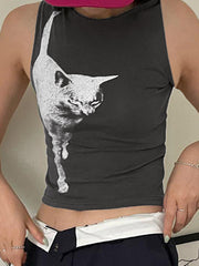 Cat Print Cropped Tank Top