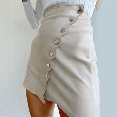 High Waist Scalloped Suede Wrap Mini Skirt - Beige