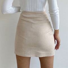 High Waist Scalloped Suede Wrap Mini Skirt - Beige