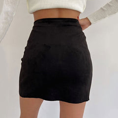 High Waist Scalloped Suede Wrap Mini Skirt - Black