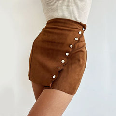 High Waist Scalloped Suede Wrap Mini Skirt - Brown