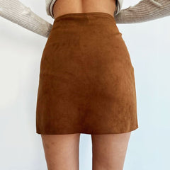 High Waist Scalloped Suede Wrap Mini Skirt - Brown