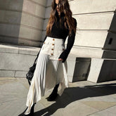 Chiffon High Waist Panel Trim Pleated Midi Skirt - Beige