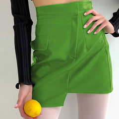 High Waist Seamed Trim Vegan Mini Skirt - Green