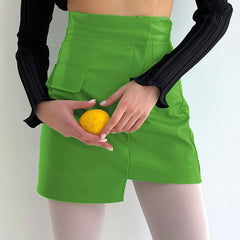 High Waist Seamed Trim Vegan Mini Skirt - Green