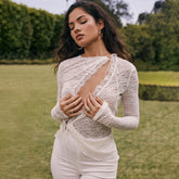 Sheer Cutout Tie Front Long Sleeve Lace Top - White