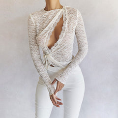 Sheer Cutout Tie Front Long Sleeve Lace Top - White