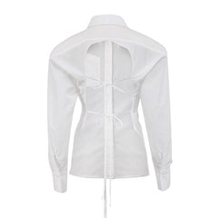 Shoulder Pad Pointed Collar Tie String Blouse - White