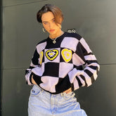 Heart Checkered Long Sleeve Sweater - Purple