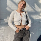 Long Sleeve Cropped Ribbed Knit Cardigan - White