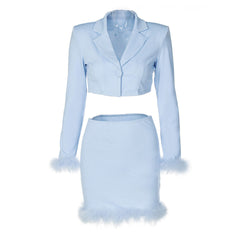 Long Sleeve Crop Blazer Trim Mini Skirt Matching Set - Blue
