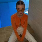 Round Neck Long Sleeve Crop Top - Burnt Orange