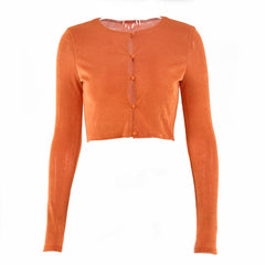 Round Neck Long Sleeve Crop Top - Burnt Orange