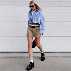 Deconstructed Distressed Trim Long Sleeve Crop Shirt - Blue