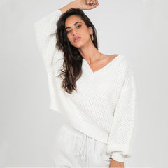 V Neck Bishop Sleeve Rib Knit Sweater - White