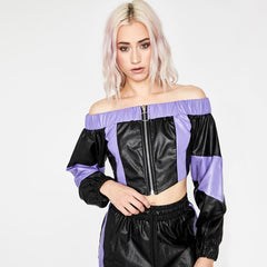 Color Block Off Shoulder Zip Front Crop Top - Black