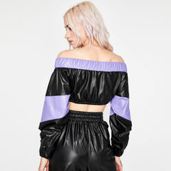 Color Block Off Shoulder Zip Front Crop Top - Black