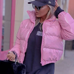 Long Sleeve Cropped Down Puffer Coat - Pink