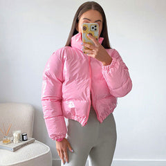 Long Sleeve Cropped Down Puffer Coat - Pink