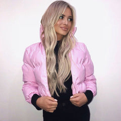 Long Sleeve Cropped Down Puffer Coat - Pink