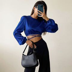 Long Sleeve Crew Neck Wrapped Crop Top - Royal Blue