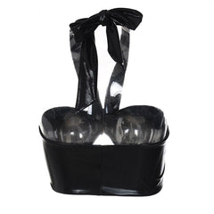 Solid Color Pearl Detail Buckle Trim Halter Crop Top - Black