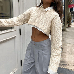 Neck Long Sleeve Cable Knit Crop Sweater - Beige