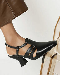 Waomen's Elegant Simple Square Toe Adjusting Buckle Heels
