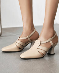 Waomen's Elegant Simple Square Toe Adjusting Buckle Heels