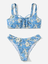 Lace Up Floral Print Strap Bikini Set