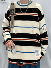 Men's Color Block Striped Distressed Sweater