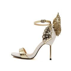 Contrast Open Toe Ankle Strap Stiletto Butterfly Heels - Gold