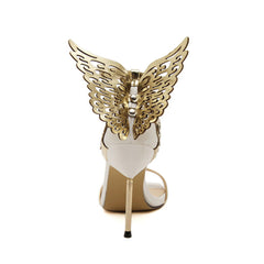 Contrast Open Toe Ankle Strap Stiletto Butterfly Heels - Gold