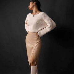High Waist Split Trim Vegan Midi Skirt - Khaki