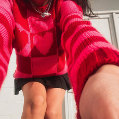 Heart Long Sleeve Rib Knit Sweater - Red