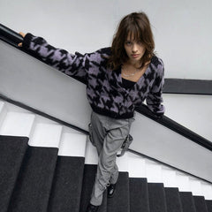 Houndstooth Pattern Long Sleeve Cropped Cardigan - Purple