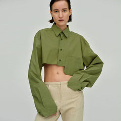 Long Sleeve Pointed Collar Cropped Shirt - Green