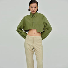 Long Sleeve Pointed Collar Cropped Shirt - Green