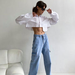 Long Sleeve Pointed Collar Cropped Shirt - White