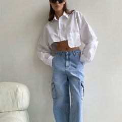 Long Sleeve Pointed Collar Cropped Shirt - White