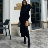 Turtleneck Sweater High Split Midi Skirt Matching Set - Black