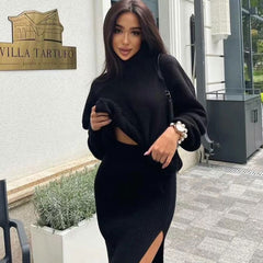 Turtleneck Sweater High Split Midi Skirt Matching Set - Black