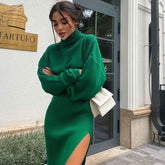 Turtleneck Sweater High Split Midi Skirt Matching Set - Emerald Green